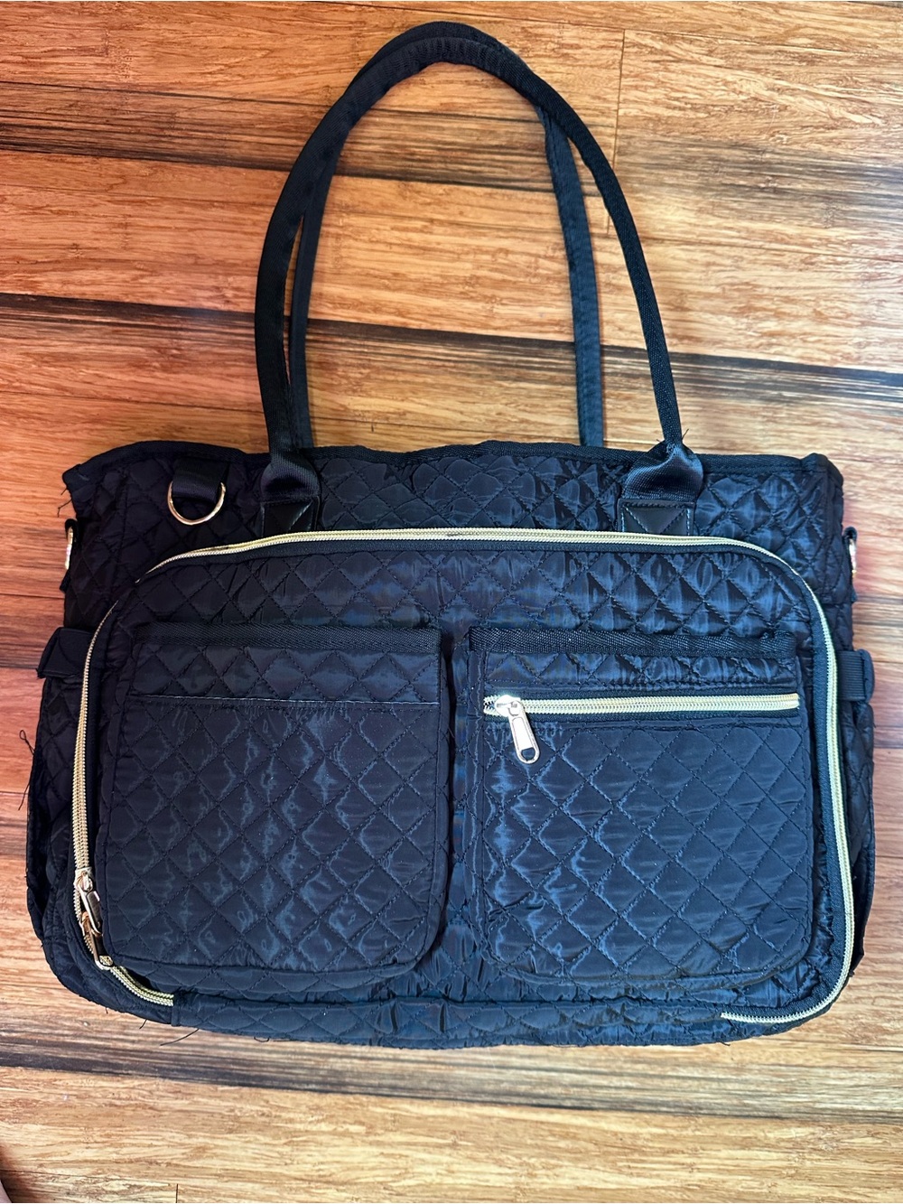 Black Quilted Women's Tote Bag with Front Pockets